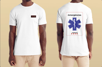 Camiseta de hombre con la palabra técnico en el pecho y en la parte trasera /emergencias y una estrella de la vida