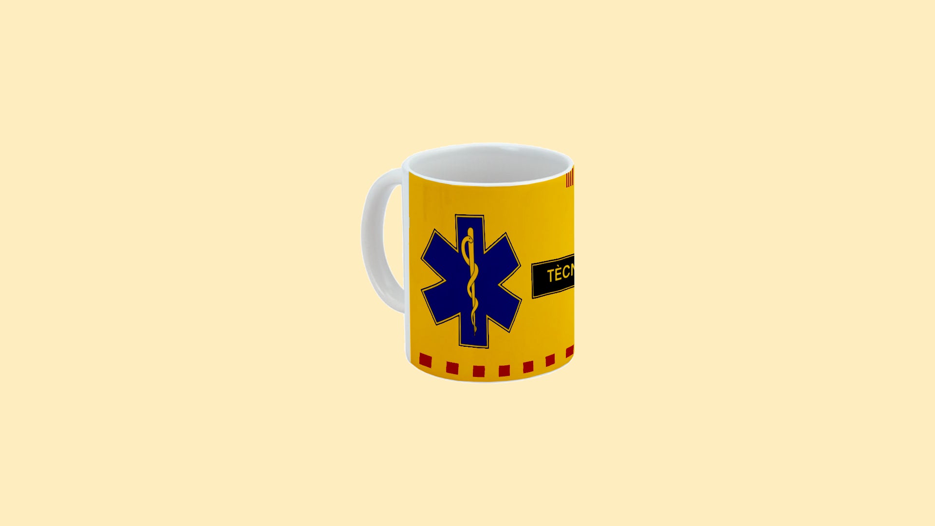 Taza de cerámica amarilla para trabajadores del sector de las emergencias, con el puesto de trabajo de técnico y una estrella de la vida