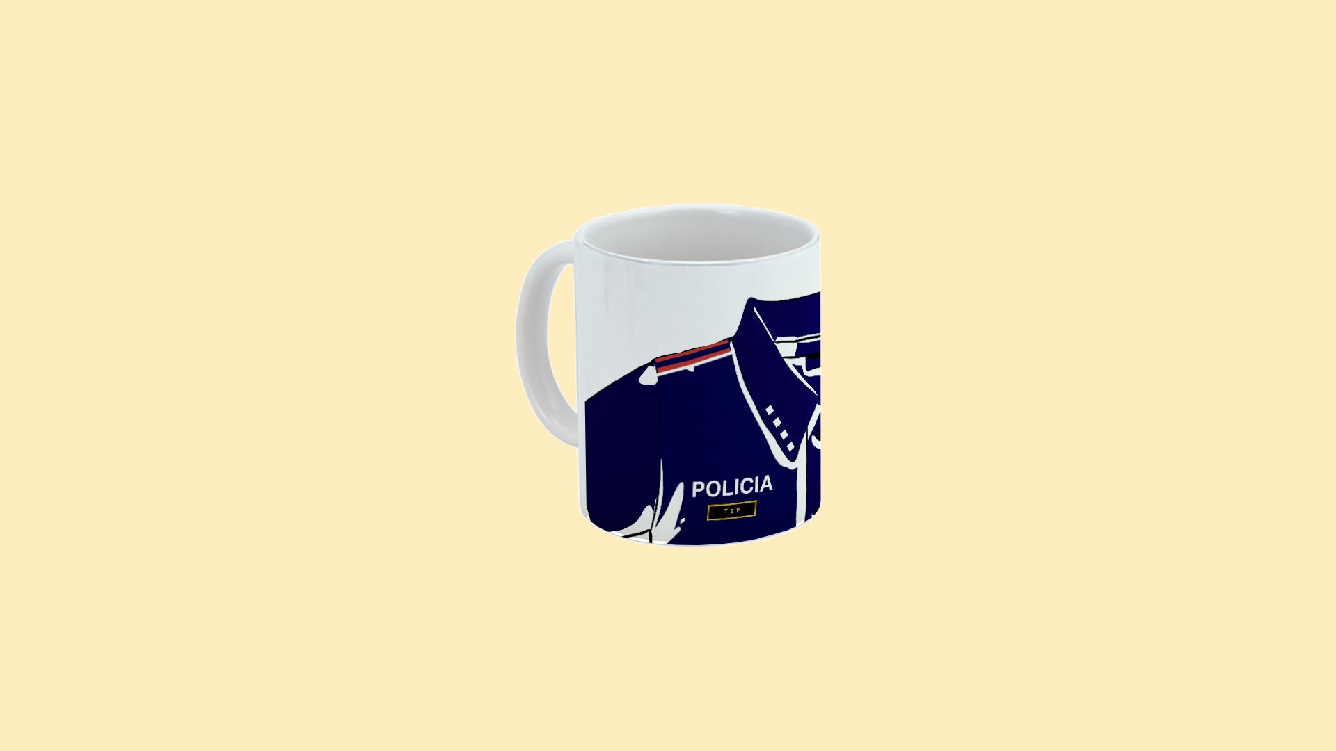 Taza de cerámica con el polo de trabajo de los mossos con la palabra policía encima del TIP